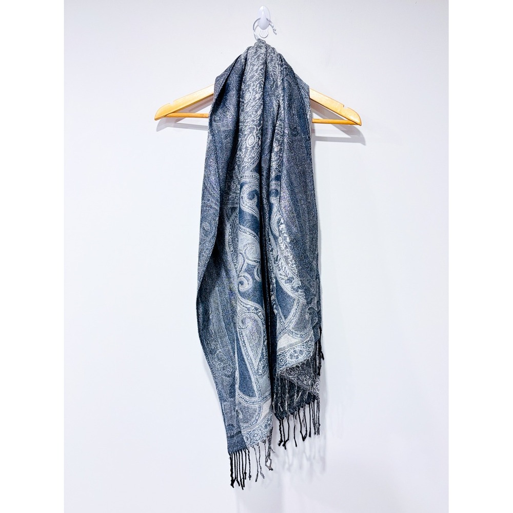 Silver Floral Shimmer Scarf | Paisley Fringe Wrap
